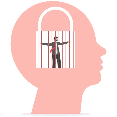 Human In Prison With Lock Fixed Mindset Human Head Silhouette Negative Thinking Concept Illustration