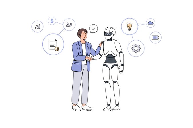 Human meeting artificial intelligent robot  Illustration