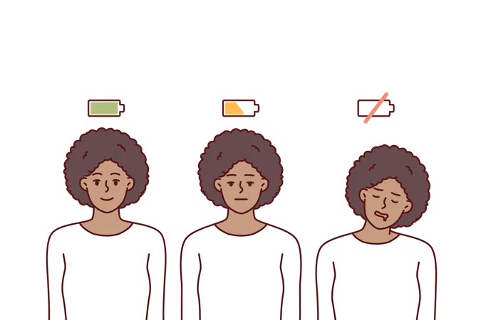 Woman With Different Battery Levels For Concept Of Difference Between Human Mental State And Need For Recuperation African American Woman Before And After Work That Causes Fatigue And Takes Energy イラスト