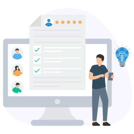 Human resources manager evaluating candidates profiles on computer with checklist and five stars rating  Illustration