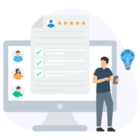 Human resources manager evaluating candidates profiles on computer with checklist and five stars rating  Illustration