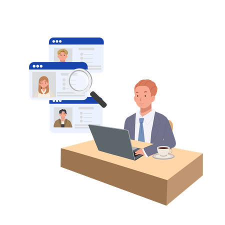 Human Resources manager Using Magnifying Glass for Job Application Screening and Candidate Review  Illustration