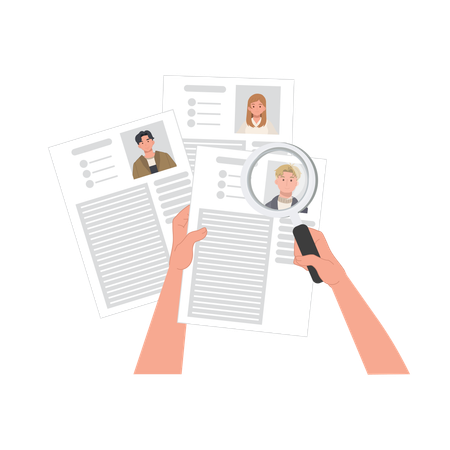 Human Resources Professional Using Magnifying Glass for Job Application Screening and Candidate Review  Illustration