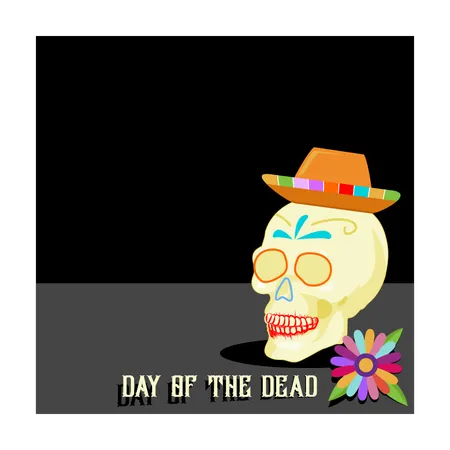 Human skull head with sombrero hat and flowers  Illustration