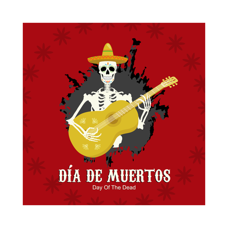 Human skull in sombrero hat playing guitar  Illustration