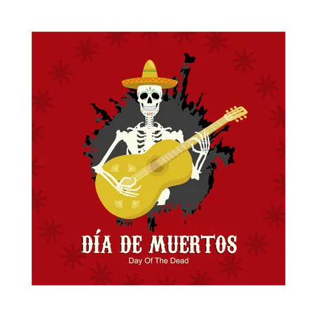 Human skull in sombrero hat playing guitar  Illustration