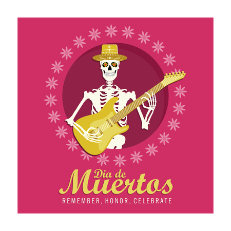 Human skull wearing sombrero hat and playing guitar  Illustration