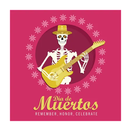 Human skull wearing sombrero hat and playing guitar  Illustration