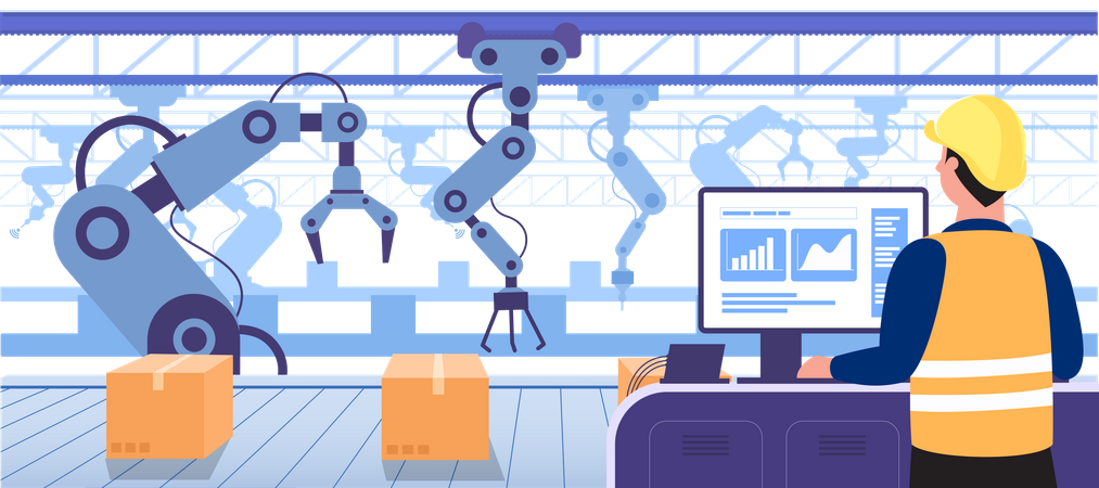 Human using computer to control the robot arms working in production convoyed Illustration
