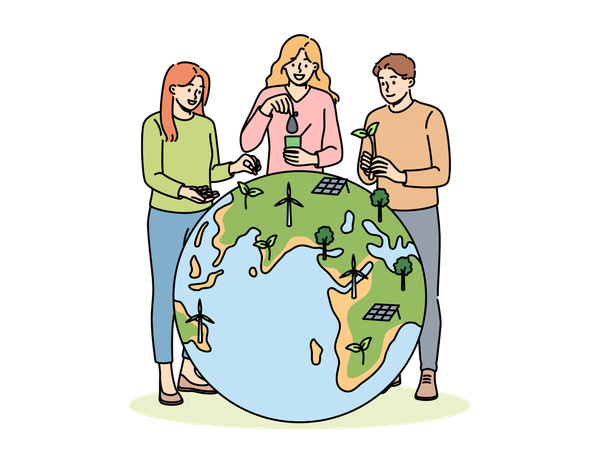 Human volunteers stand near globe and place trees  Illustration