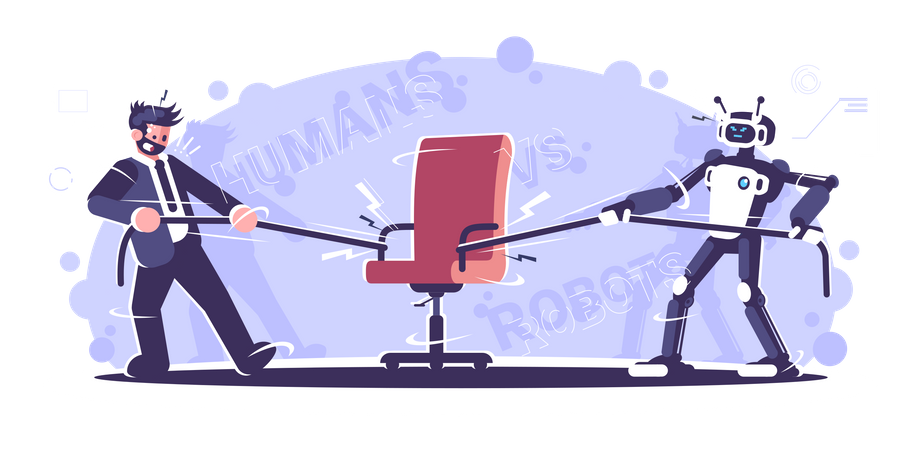 Human Vs Robot Worker Fighting Over Chair  Illustration