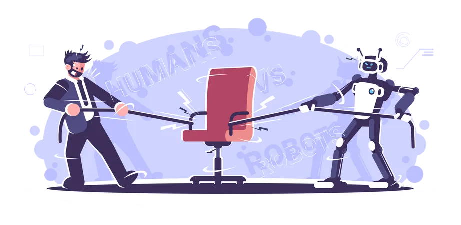 Human Vs Robot Worker Fighting Over Chair  Illustration