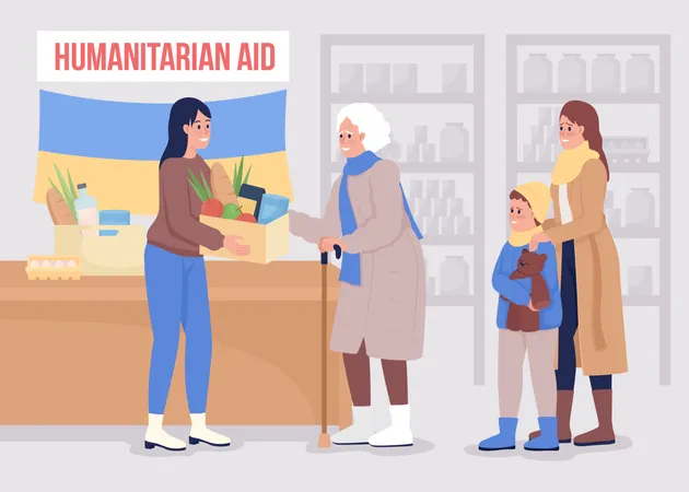 Humanitarian Hub Visit Flat Color Vector Illustration Family Of Refugees Getting Humanitarian Aid From Volunteer 2 D Simple Cartoon Characters With Interior On Background Bebas Neue Font Used Illustration