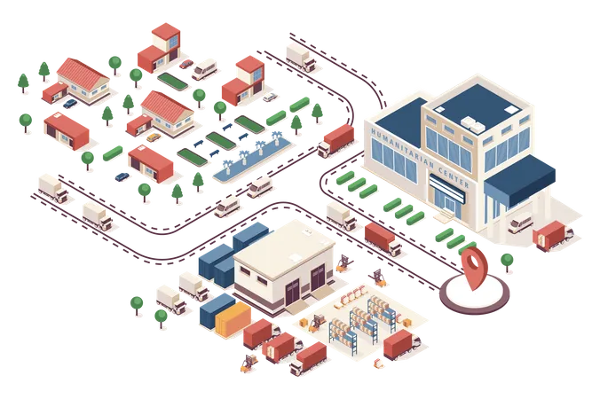 Humanitarian Support Concept 3 D Isometric Web Infographic Workflow Process Infrastructure Map With Buildings Warehouse Volunteer Center Delivery Vector Illustration In Isometry Graphic Design Illustration
