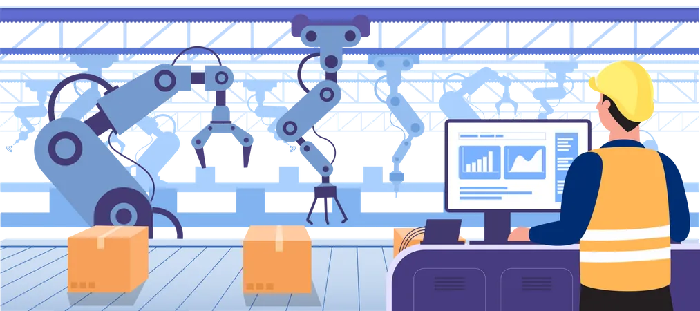 Humano usando computador para controlar os braços robóticos que trabalham na produção transportados  Ilustração