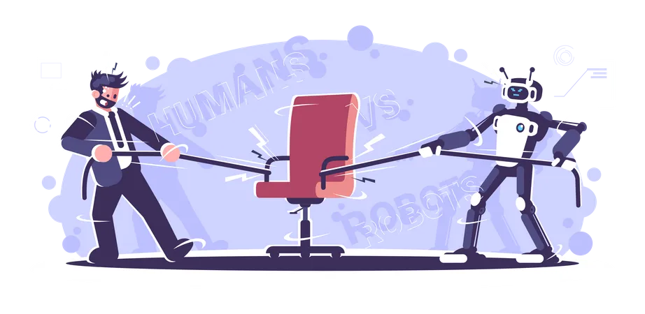 Trabalhador Humano Vs Robô Brigando pela Cadeira  Ilustração