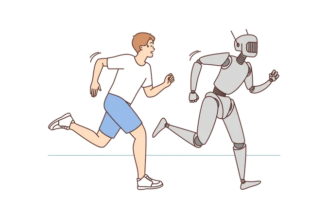 Humano y robot haciendo carrera  Ilustración