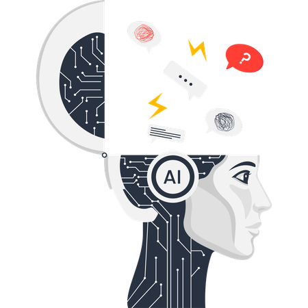 Humanoid Head with Circuitry Thought Bubbles and Question Mark Illustration
