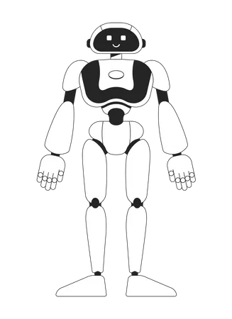 Friendly Humanoid Robot Monochromatic Flat Vector Character Linear Hand Drawn Sketch Editable Full Body Machine Simple Black And White Spot Illustration For Web Graphic Design And Animation Illustration