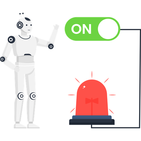 Humanoid robot activating a security system with a green on switch and red alarm light Illustration