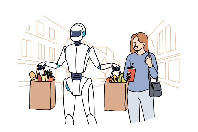 Humanoid robot assistant helps carry bags of groceries from store while walking next to woman around city  Illustration
