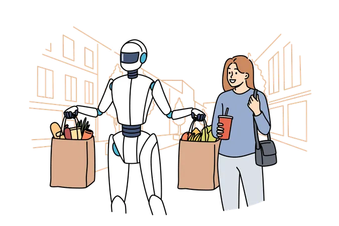 Humanoid robot assistant helps carry bags of groceries from store while walking next to woman around city  Illustration