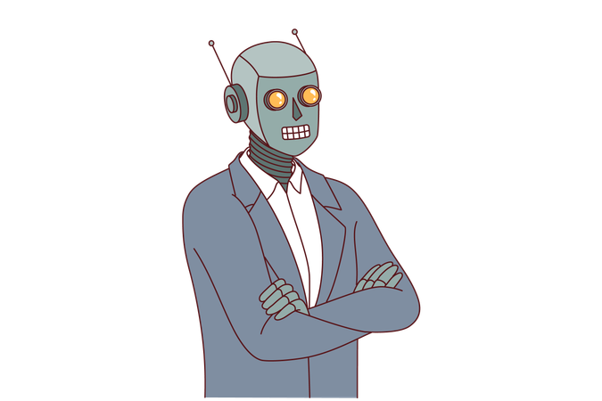 Humanoid robot in business suit with arms crossed demonstrating confidence in superiority of AI  Illustration