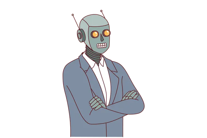 Humanoid robot in business suit with arms crossed demonstrating confidence in superiority of AI  Illustration