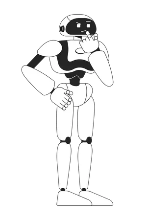 Humanoid Robot In Thinking Pose Monochromatic Flat Vector Character Linear Hand Drawn Sketch Editable Full Body Machine Simple Black And White Spot Illustration For Web Graphic Design And Animation Illustration
