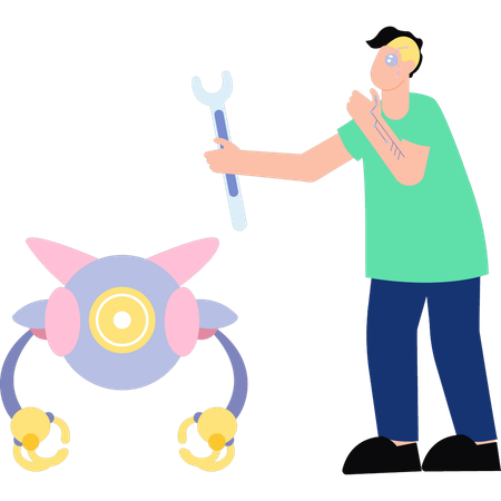 Humanoid robot is repairing a robot Illustration