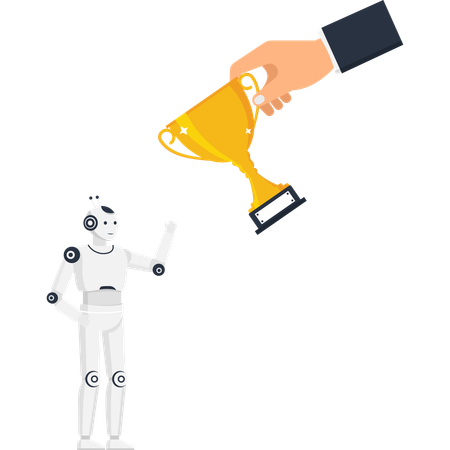 Humanoid robot receiving a gold trophy from a hand symbolizing AI achievement and technological success Illustration