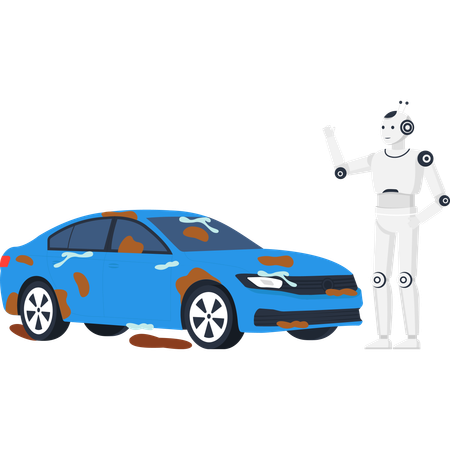 Humanoid robot with a dirty blue car for automated car wash service Illustration