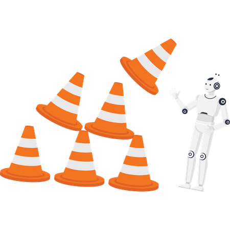 Humanoid robot with a pile of falling orange traffic cones for website under construction and AI automation Illustration