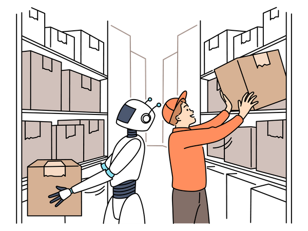 Humanoid robot working at warehouse Illustration