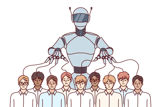 Robot Manipulates Crowd Of People Using Puppeteer Strings And Symbolizing Problems Caused By Artificial Intelligence Business Puppets Are Controlled By Robot Created Using AI Technology Illustration