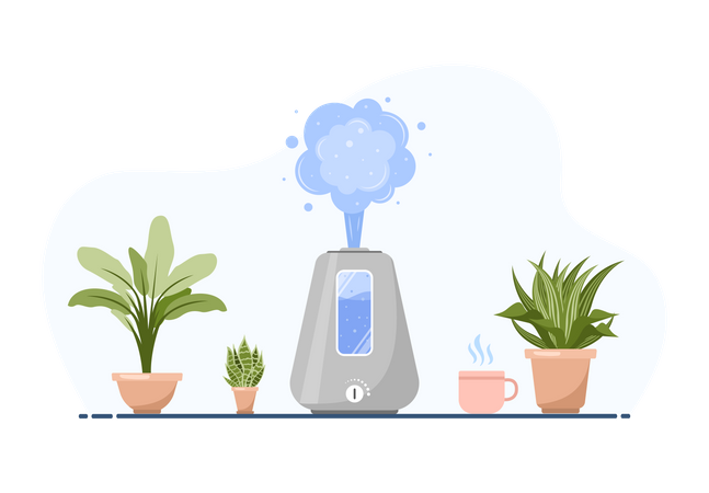 Humidifier with house plants. Equipment for home or office. Ultrasonic air purifier in the interior. Cleaning and humidifying device. Modern vector illustration in flat cartoon style.  Illustration