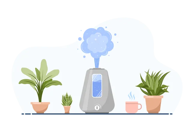Humidifier with house plants. Equipment for home or office. Ultrasonic air purifier in the interior. Cleaning and humidifying device. Modern vector illustration in flat cartoon style. Illustration