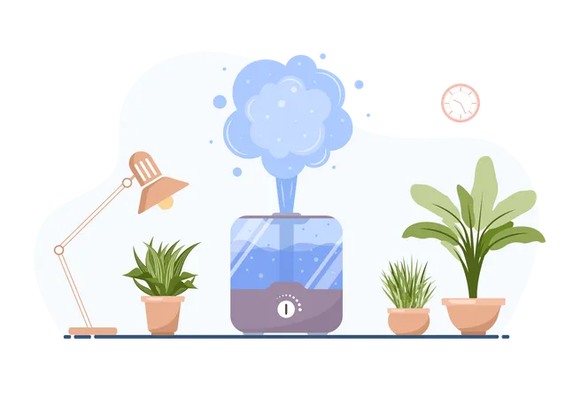 Humidifier with house plants. Equipment for home or office. Ultrasonic air purifier in the interior. Cleaning and humidifying device. Modern vector illustration in flat cartoon style.  Illustration