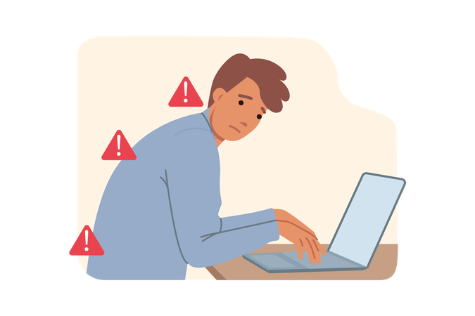 Hunched man sits at computer  Illustration
