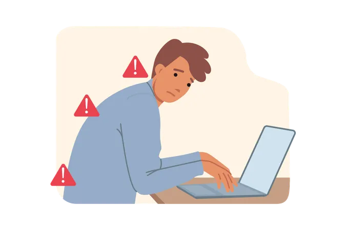 Hunched man sits at computer  Illustration