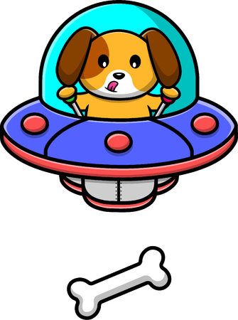 Hund fängt Knochen mit Ufo  Illustration