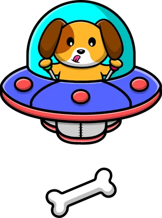 Hund fängt Knochen mit Ufo  Illustration