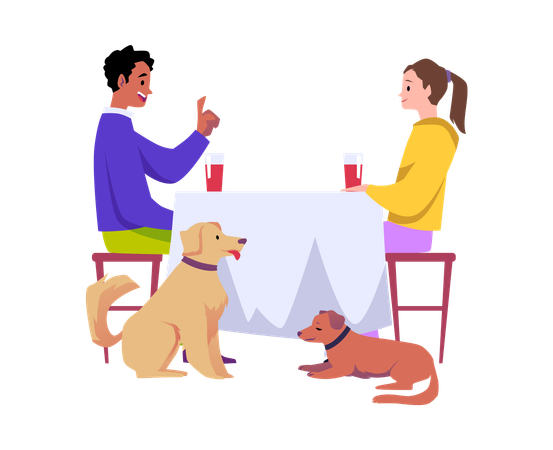 Hundefreundliches Café, in dem Menschen gemeinsam mit Haustieren eine Mahlzeit genießen  Illustration