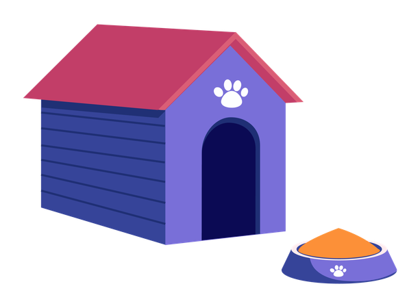 Hundehütte mit Pfotenabdruck und Napf mit Hundefutter  Illustration