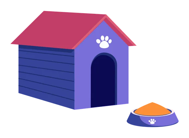 Hundehütte mit Pfotenabdruck und Napf mit Hundefutter  Illustration