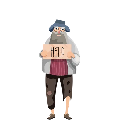 Hungry Beggar holding help board Illustration