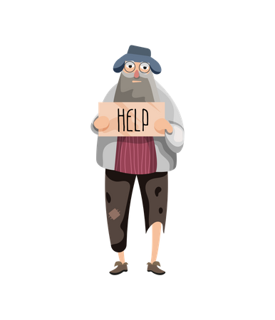 Hungry Beggar holding help board  Illustration