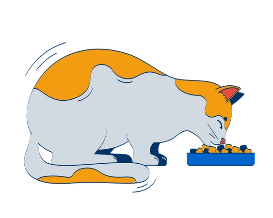 Hungry cat eating kibble from bowl  Illustration