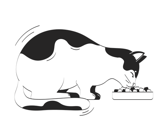 Hungry cat eating kibble from bowl  Illustration
