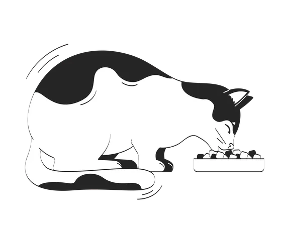 Hungry cat eating kibble from bowl  Illustration